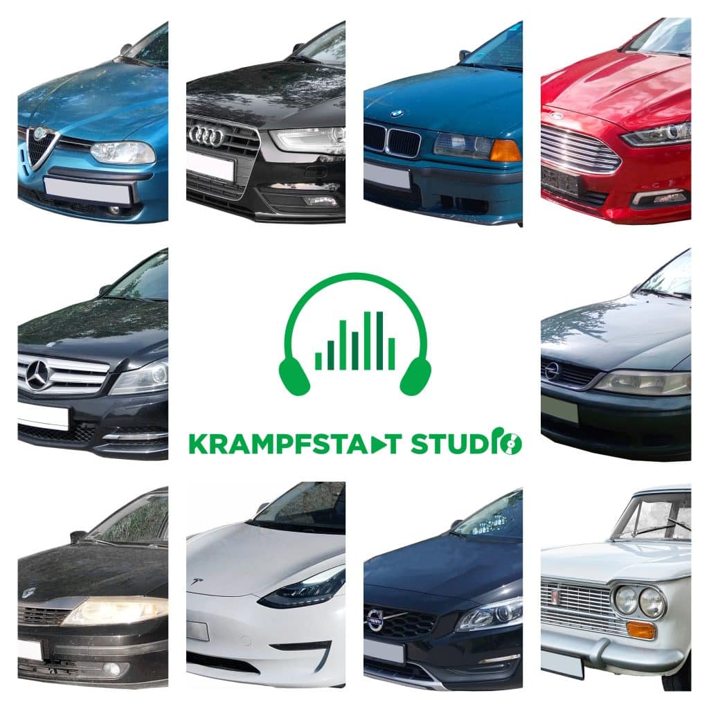 A collage of eight car fronts around the Krampfstadt Studio logo, promoting a car sound effects library on Sonniss.