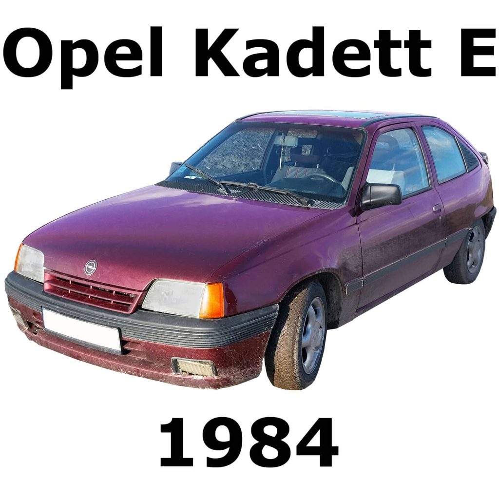 A maroon 1984 Opel Kadett E at an angle, featured for car SFX library use on Sonniss. Text: "Opel Kadett E", "1984".