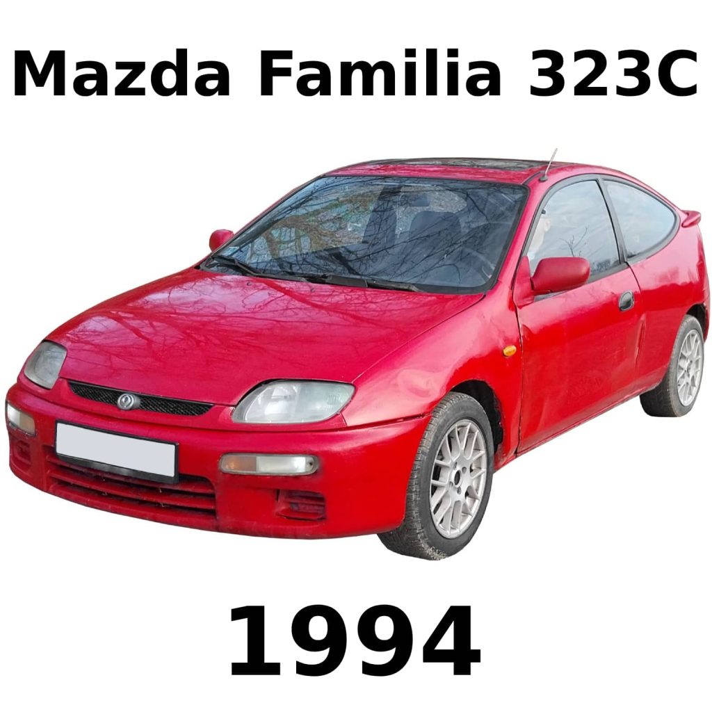 Image of a red 1994 Mazda Familia 323C hatchback for car sfx library on Sonniss, model name and year displayed.