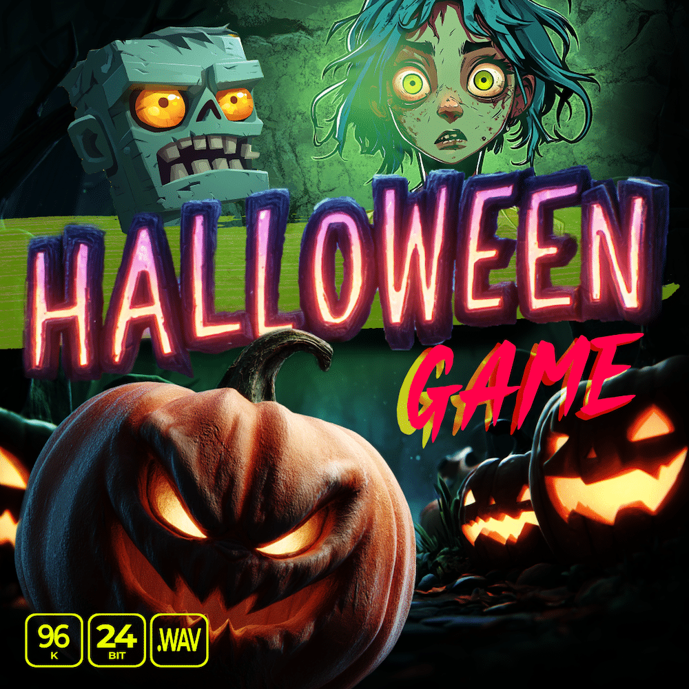 Halloween horror game sfx library poster on Sonniss with jack-o’-lantern, zombie, neon text, and green-skinned girl.