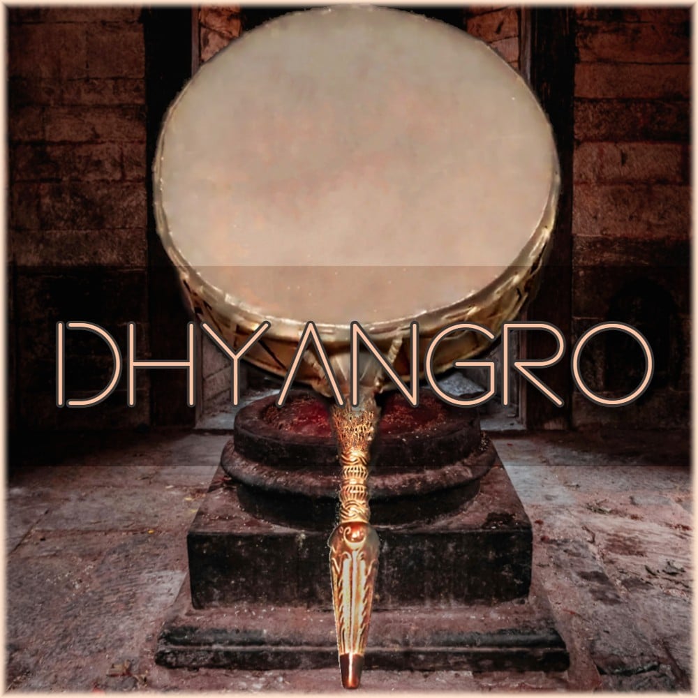 Dhyāngro drum on stone pedestal in temple, “DHYANGRO” overlaid—Nepali folk drum sfx library image on Sonniss.