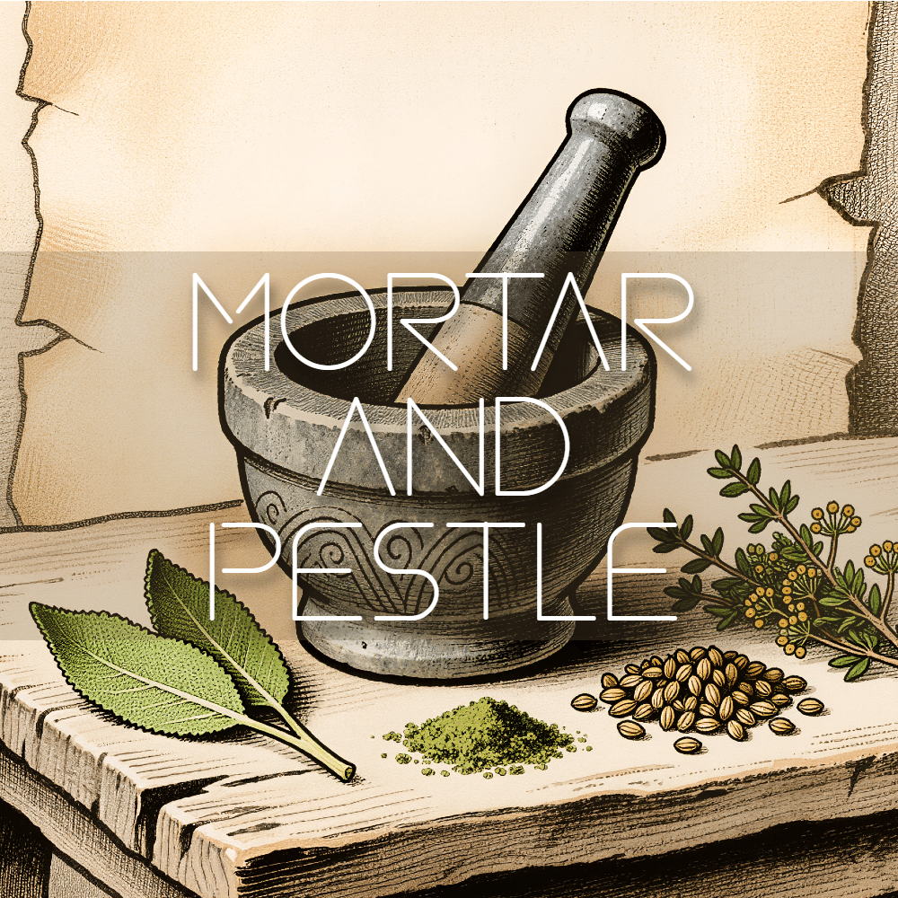 Stone mortar and pestle on wood with herbs, seeds, powder. "MORTAR AND PESTLE" text. SFX library for grinding sound effects on Sonniss.