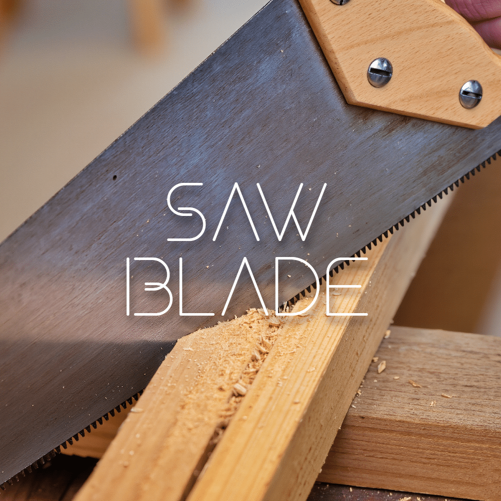 A hand saw cutting wood with sawdust, "SAW BLADE" text—image for wood cutting sound effects library on Sonniss.