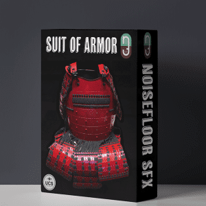 A product box for a "Suit of Armor" sound effects library on Sonniss, showing red samurai armor by NOISEFLOOR SFX.