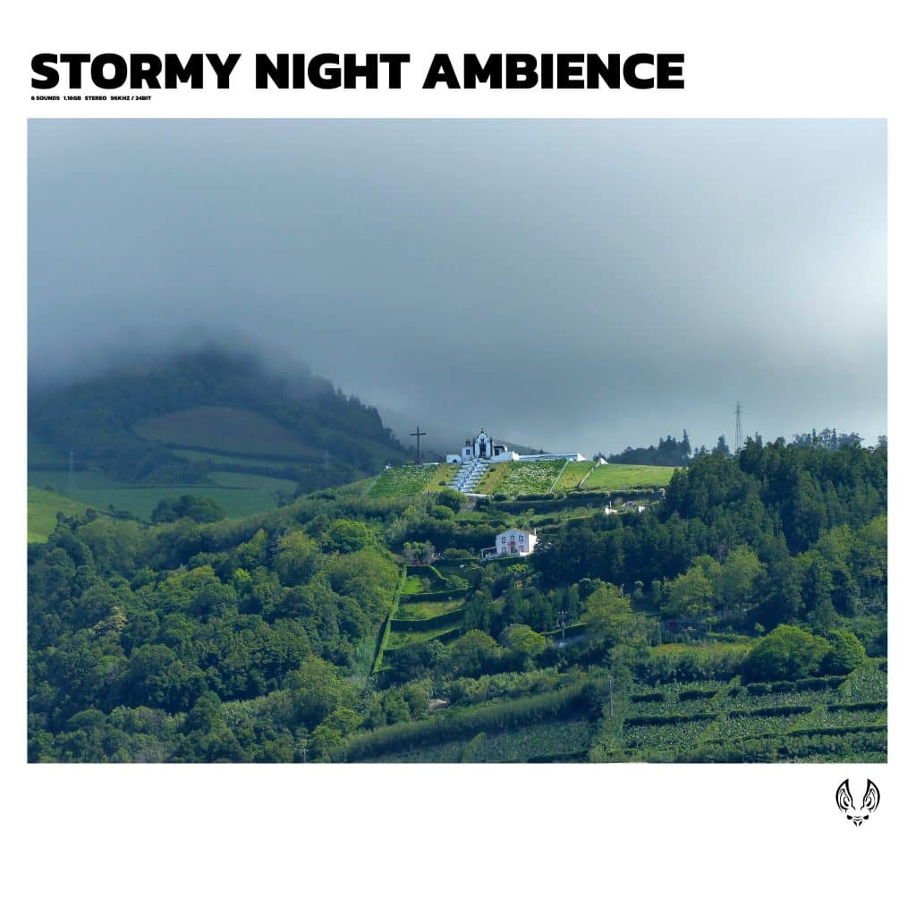 Church on green hillside under storm clouds, "Stormy Night Ambience"—sfx library for church in thunderstorm on Sonniss.