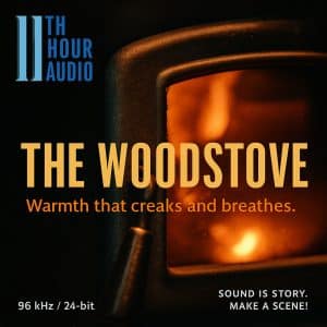A close-up of a wood stove with glowing fire, showcasing wood burning SFX library on Sonniss for warmth and crackle sounds.