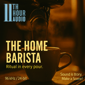 A close-up of coffee pouring into a mug, promoting "The Home Barista" sfx library on Sonniss for authentic drink sound effects.