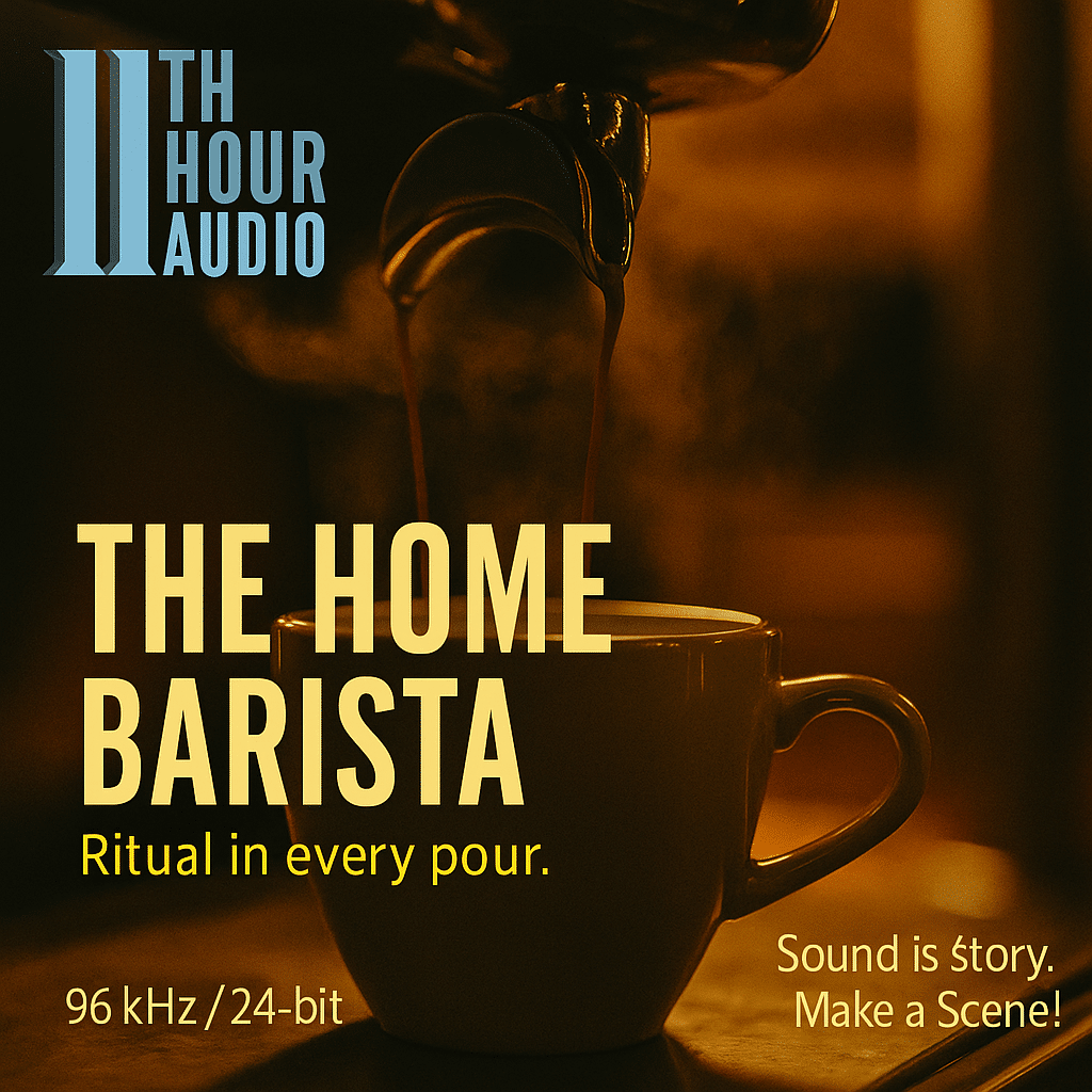 A close-up of coffee pouring into a mug, promoting "The Home Barista" sfx library on Sonniss for authentic drink sound effects.