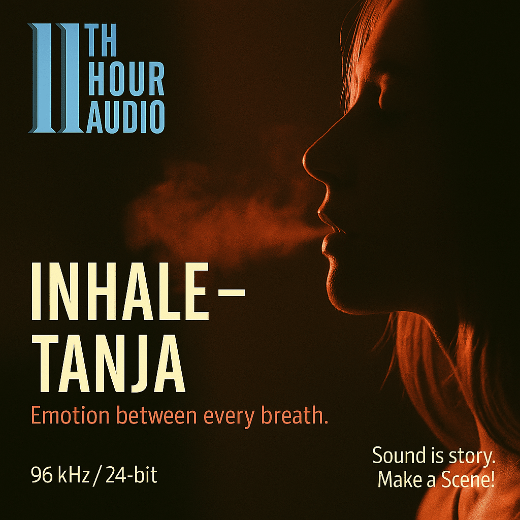SFX library cover on Sonniss: person exhales visible breath in dim light, promoting "Inhale—Tanja" by 11th Hour Audio.