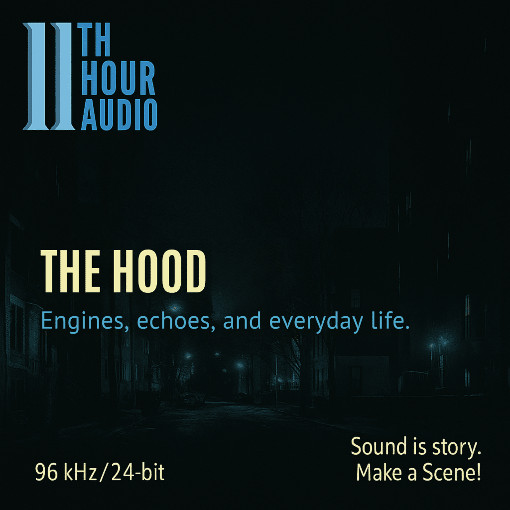 A sound effects library cover on Sonniss: "11th Hour Audio: The Hood" with 96 kHz/24-bit, city street at night.