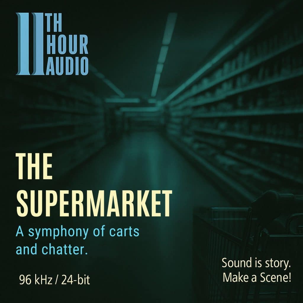 A dimly lit supermarket aisle with a shopping cart; promo text overlays for a supermarket sound effects library on Sonniss.