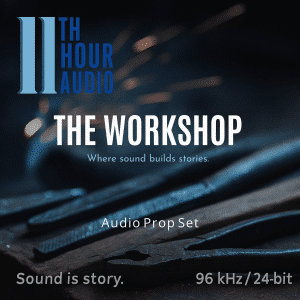 Close-up of metal tools and sparks; image showcases "The Workshop" sound effects library on Sonniss for industrial SFX.