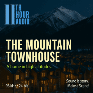 A nighttime mountain townhouse complex with "The Mountain Townhouse" promo text, showcasing an ambience sound effects library on Sonniss.