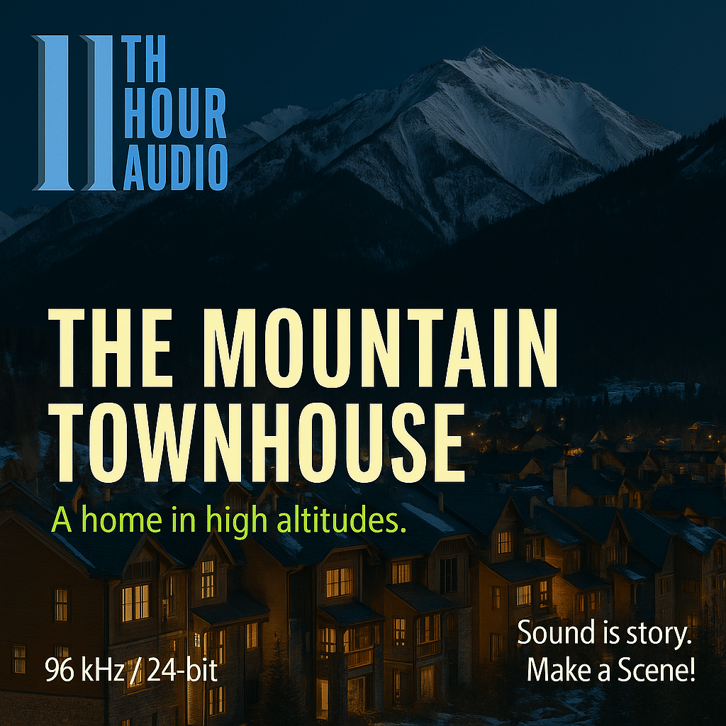 A nighttime mountain townhouse complex with "The Mountain Townhouse" promo text, showcasing an ambience sound effects library on Sonniss.