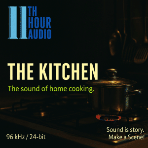 A stainless steel pot on a stove in a dim kitchen, promoting kitchen sound effects library for Sonniss ambient sfx searches.
