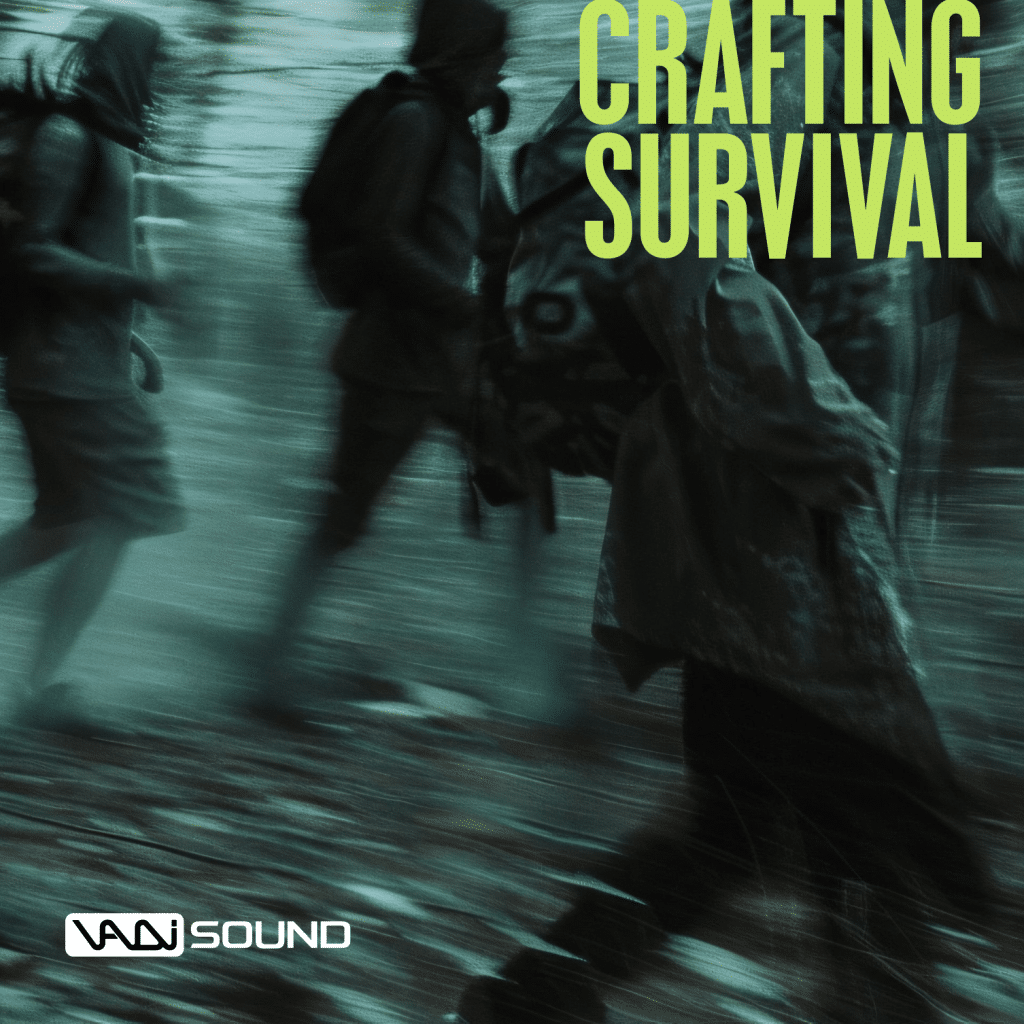 Blurry image of four hikers in a forest, "Crafting Survival" text, for crafting survival sfx library on Sonniss.