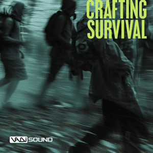 Blurry image of four hikers in a forest, "Crafting Survival" text, for crafting survival sfx library on Sonniss.
