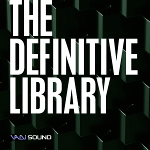 White bold text "THE DEFINITIVE LIBRARY" on a dark pattern, promoting a sound effects library by VAAI SOUND on Sonniss.