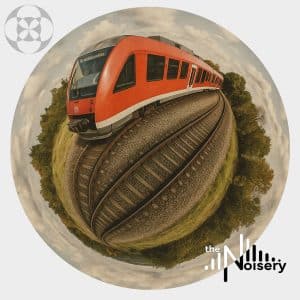 A red train on curved tracks in green scenery, fisheye view. Image for train sound effects library on Sonniss. Noisery logo present.