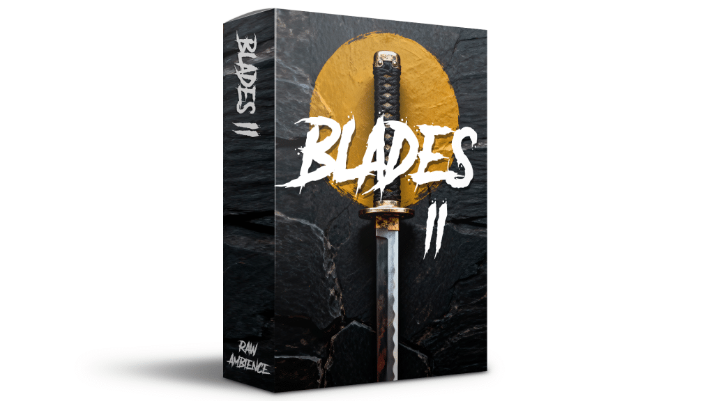Blades II sound effects library cover: katana sword, gold circle, dark background—martial arts sfx library on Sonniss.