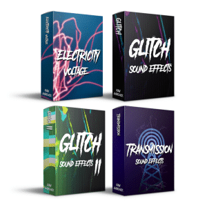 This image shows a glitch sfx library on Sonniss: four product boxes with abstract designs and unique labels.