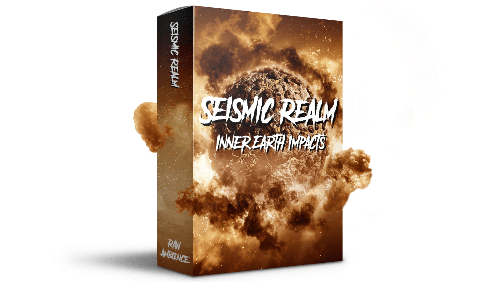 Seismic Realm: Inner Earth Impacts SFX library box on Sonniss, planet explosion art, "Raw Ambience" text at bottom.