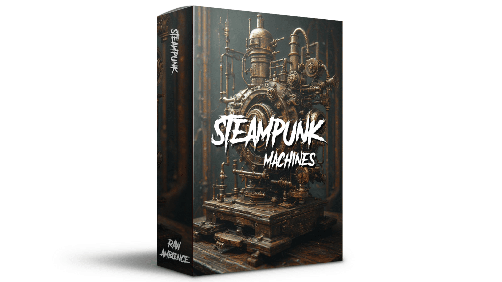 A box with steampunk machine art and "Steampunk Machines" text, featuring a sound effects library cover on Sonniss.