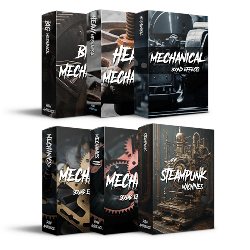 Mechanical and steampunk SFX library boxes with industrial visuals—industrial sound effects for film on Sonniss.