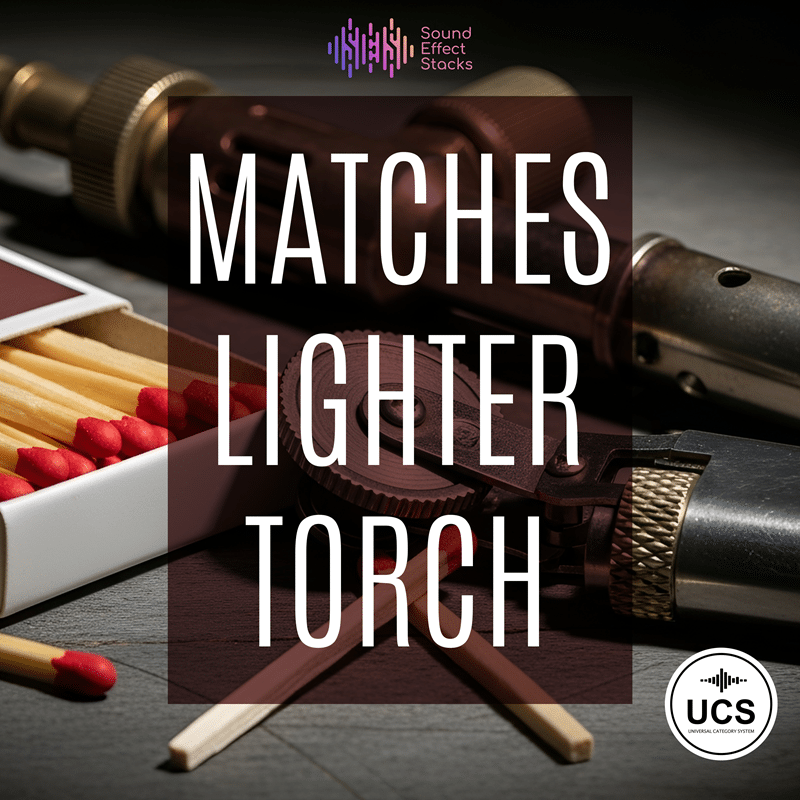 A sound effects library for matches, lighters, and torches on Sonniss. "Matches Lighter Torch" text displayed over items.