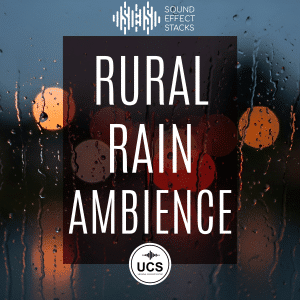 Raindrops on a window, rural rain ambience SFX library cover for rainy weather sound effects on Sonniss; UCS logo visible.