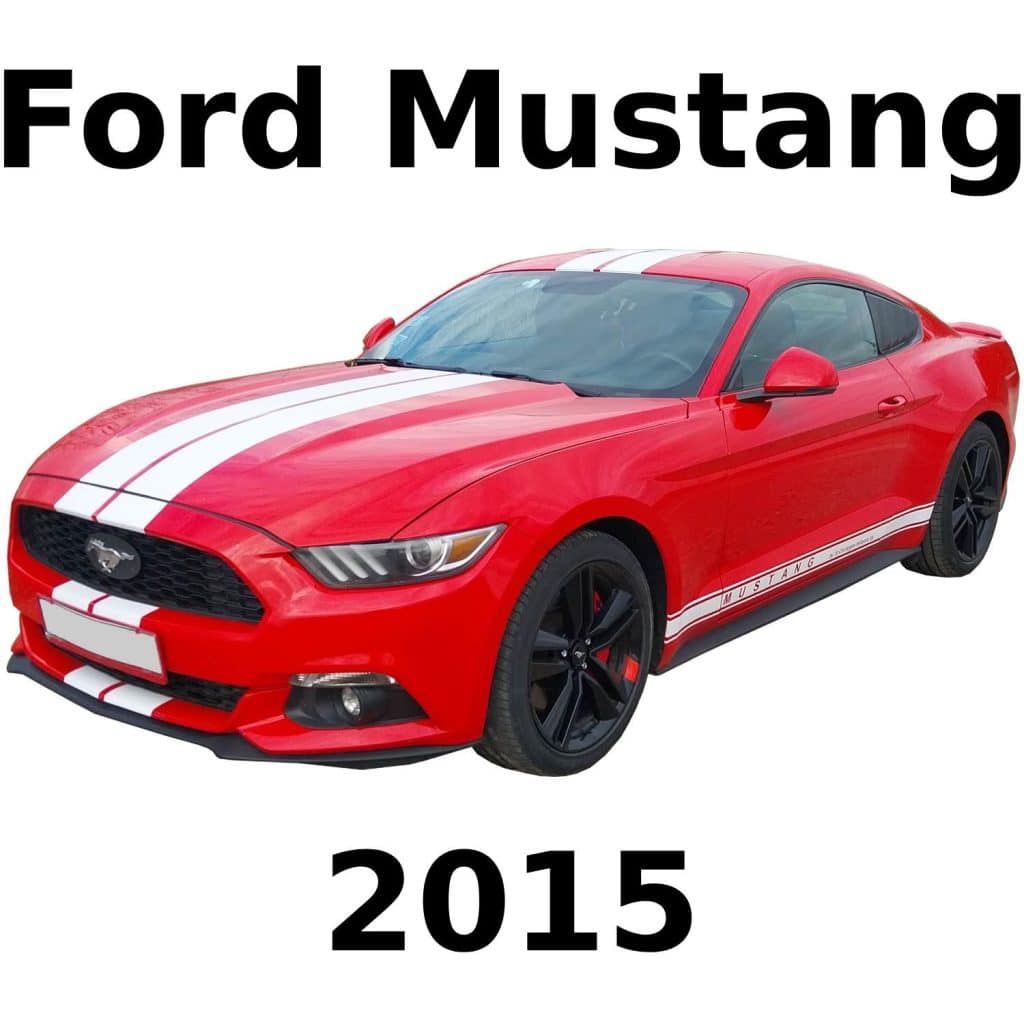 A red 2015 Ford Mustang with white racing stripes, shown front left. Image represents a "Mustang sound effects library" on Sonniss.