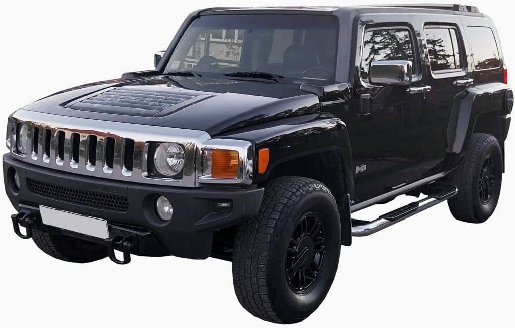 A black Hummer H3 SUV with chrome accents for vehicle engine sfx library on Sonniss, shown front-left, white background.