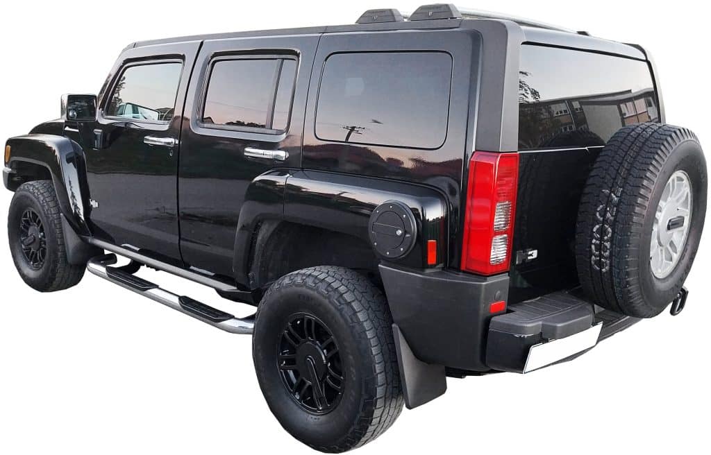 Black Hummer H3 SUV rear view for vehicle sound effects library—perfect SFX of car doors, engines & urban auto ambience on Sonniss.