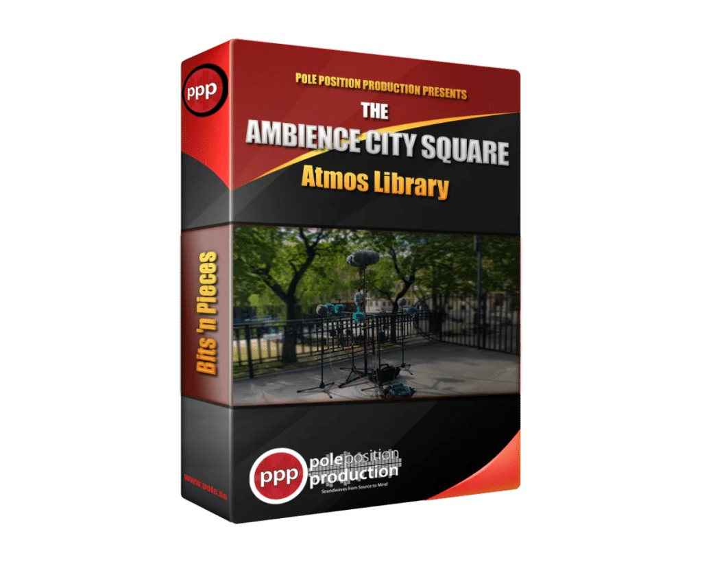 SFX library "Ambience – City Square" box on Sonniss, with city square recording gear amid trees for ambient sound effects.