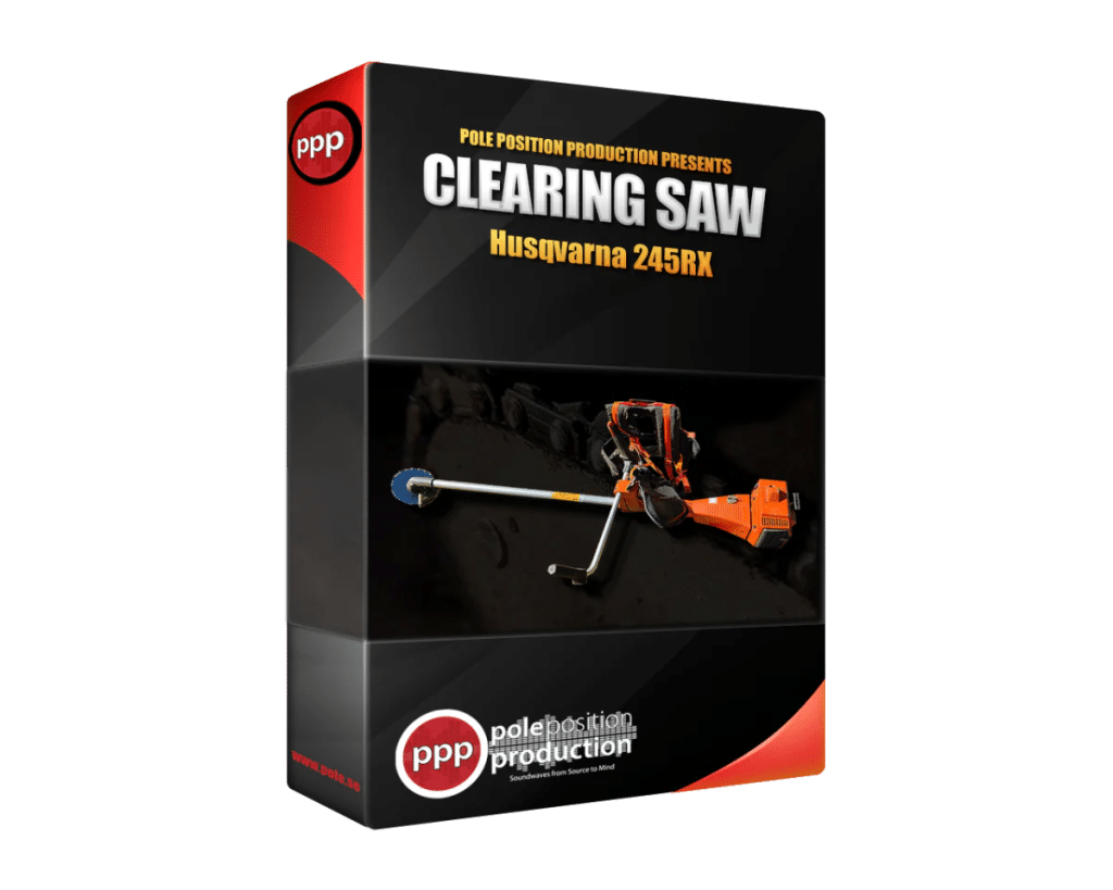 A sound effects library box for "Clearing Saw," featuring an orange saw and Pole Position Production branding on Sonniss.