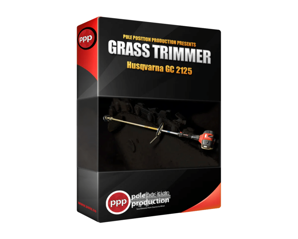 A product box for a Grass Trimmer sound effects library on Sonniss, featuring trimmer art and logos on a black/red design.