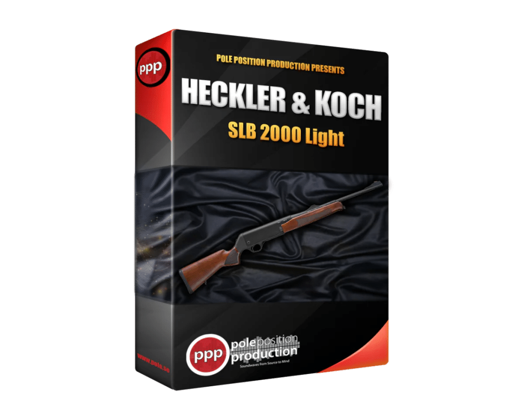 A product box for a Heckler & Koch SLB 2000 Light rifle sound effects library on Sonniss, with logo on black silk.