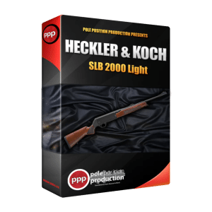 A product box for a Heckler & Koch SLB 2000 Light rifle sound effects library on Sonniss, with logo on black silk.