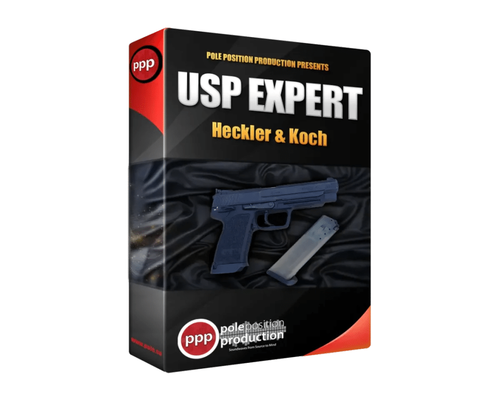 A software box for a Heckler & Koch USP Expert sound effects library on Sonniss, with handgun and magazine imagery.