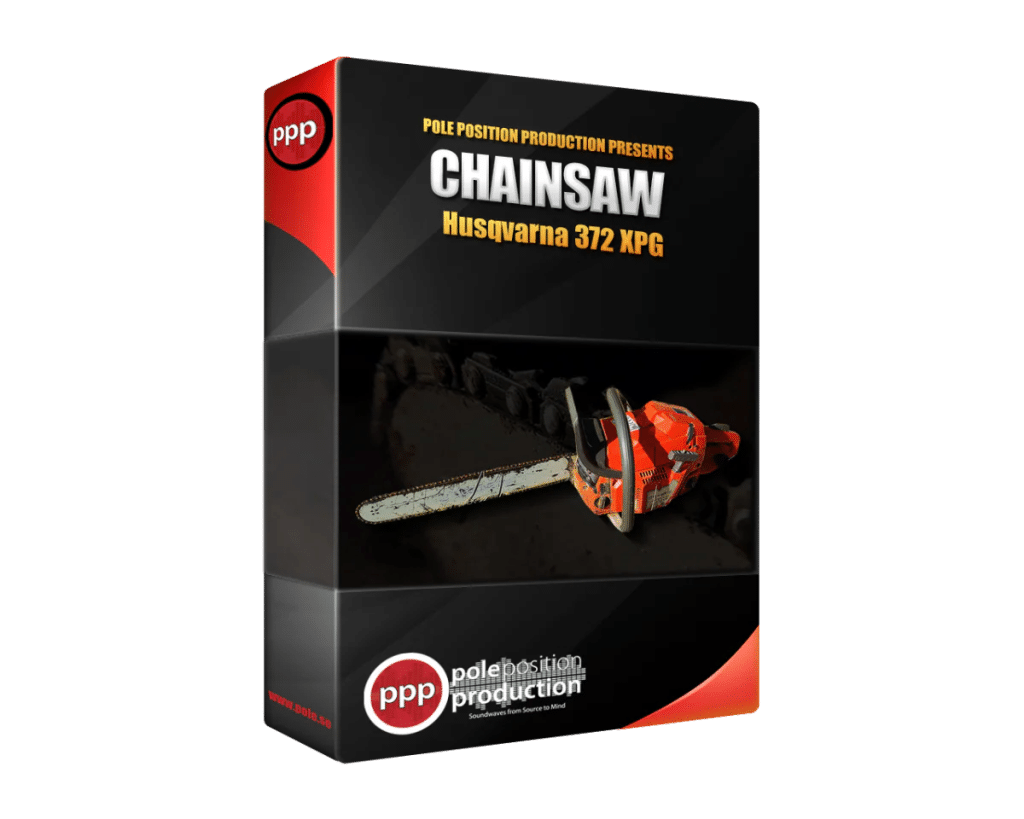 A product box featuring a Large Chainsaw, showcasing a chainsaw sound effects library on Sonniss by Pole Position Production.