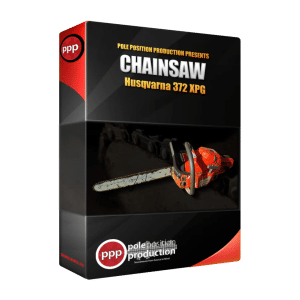 A product box featuring a Large Chainsaw, showcasing a chainsaw sound effects library on Sonniss by Pole Position Production.