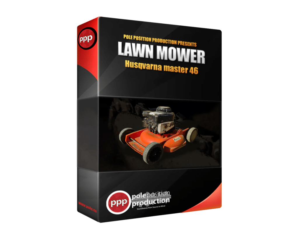 A product box for an orange Lawn Mower sound effects library with "LAWN MOWER" and Pole Position Production branding on Sonniss.