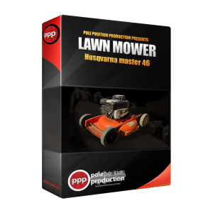 A product box for an orange Lawn Mower sound effects library with "LAWN MOWER" and Pole Position Production branding on Sonniss.