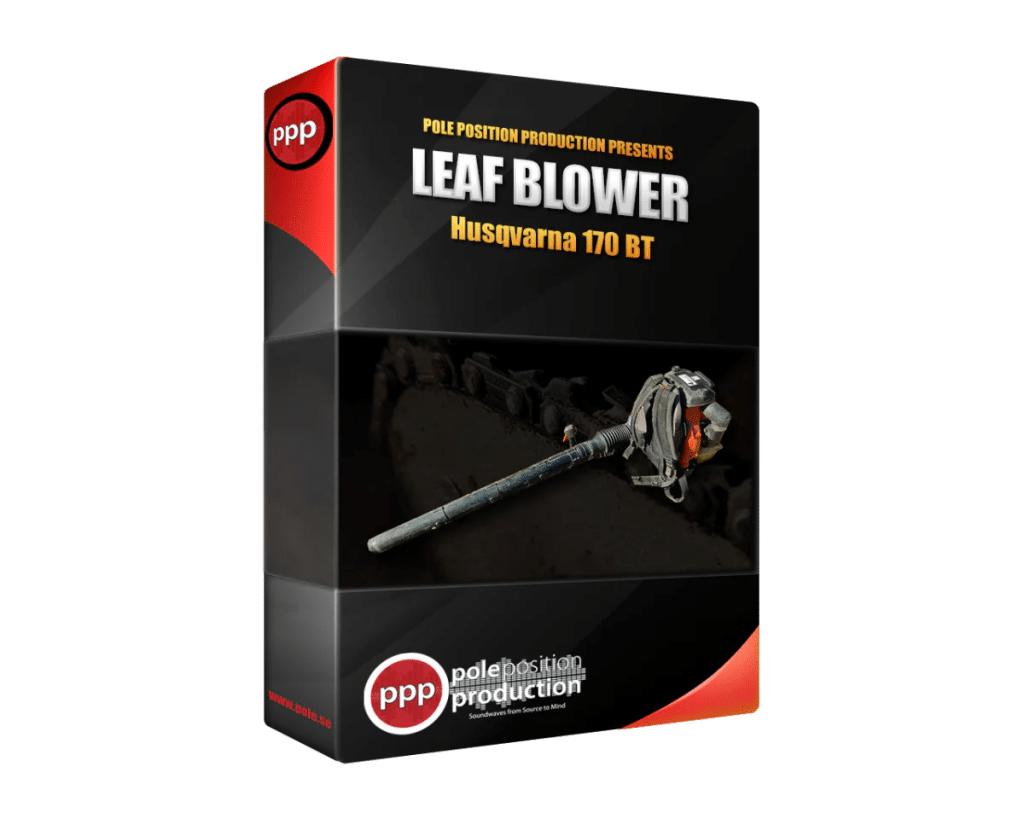 A product box displays "Leaf Blower" by Pole Position Production, shown as a leaf blower sfx library on Sonniss.