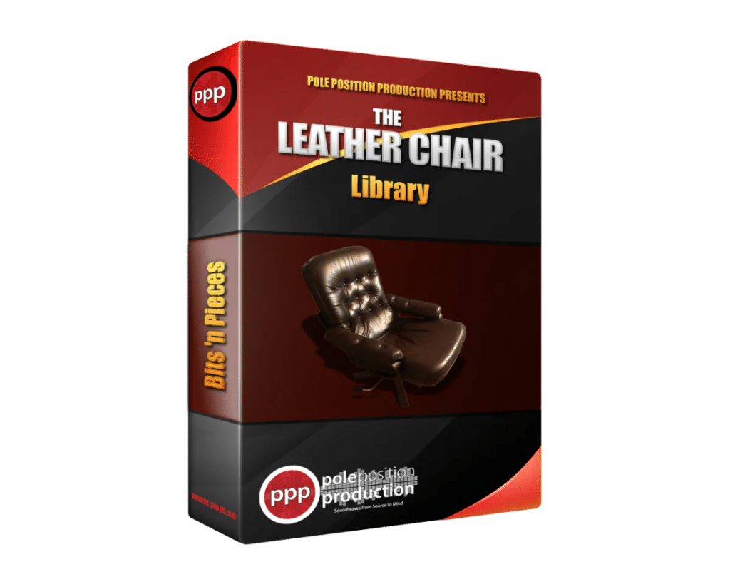 A 3D-rendered product box for a "Leather Chair sound effects library" on Sonniss, showing a brown leather chair on the front.