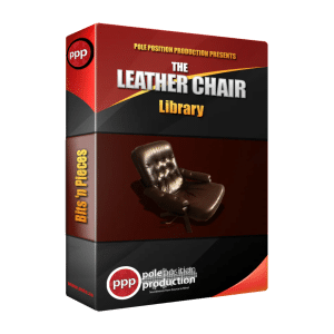A 3D-rendered product box for a "Leather Chair sound effects library" on Sonniss, showing a brown leather chair on the front.
