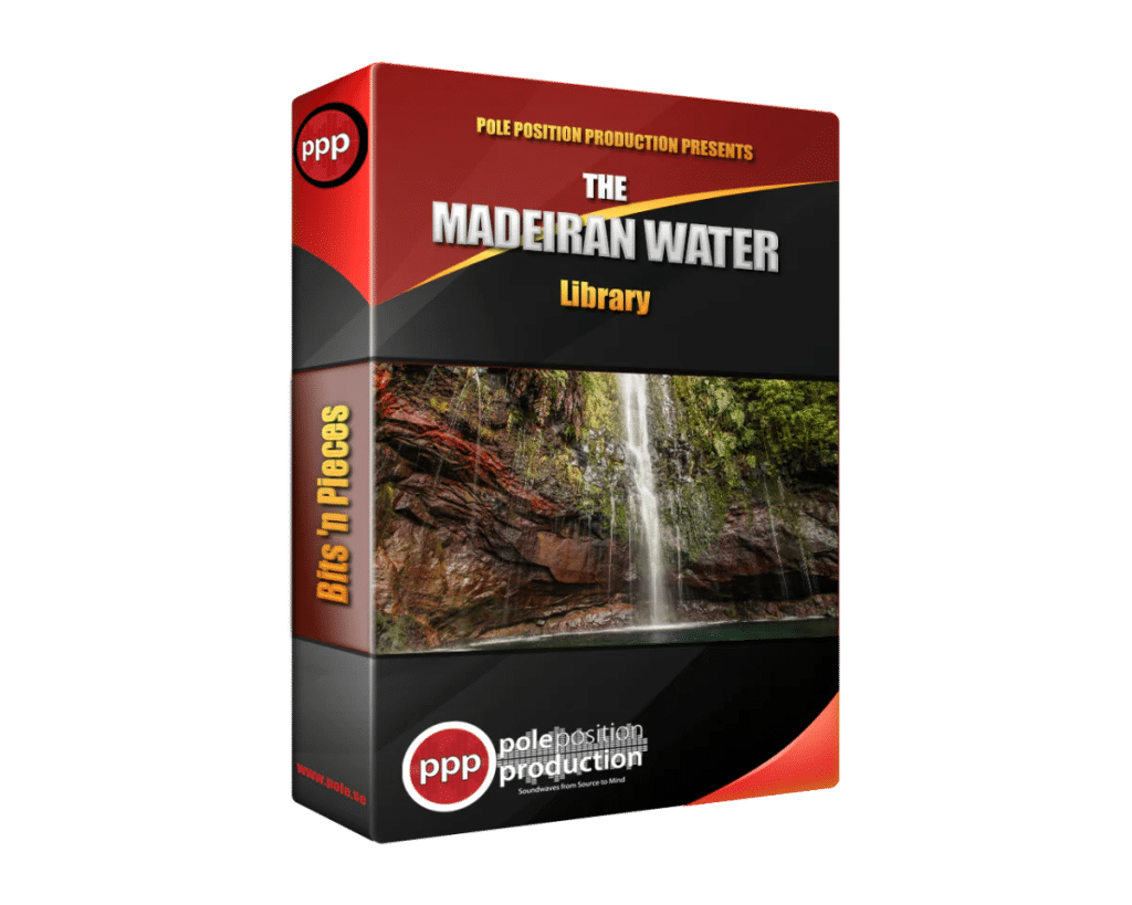 3D-rendered "Madeiran Water" sound effects library box on Sonniss, with waterfall imagery and bold text, black/red/yellow design.