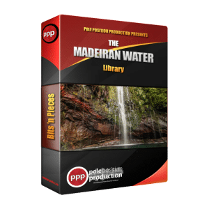 3D-rendered "Madeiran Water" sound effects library box on Sonniss, with waterfall imagery and bold text, black/red/yellow design.