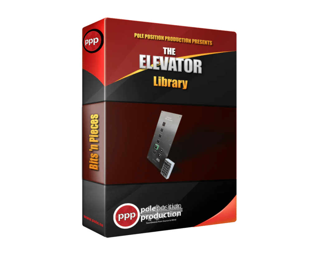 Red and black box for "Office Elevator" SFX library on Sonniss, shows elevator buttons and Pole Position Production branding.