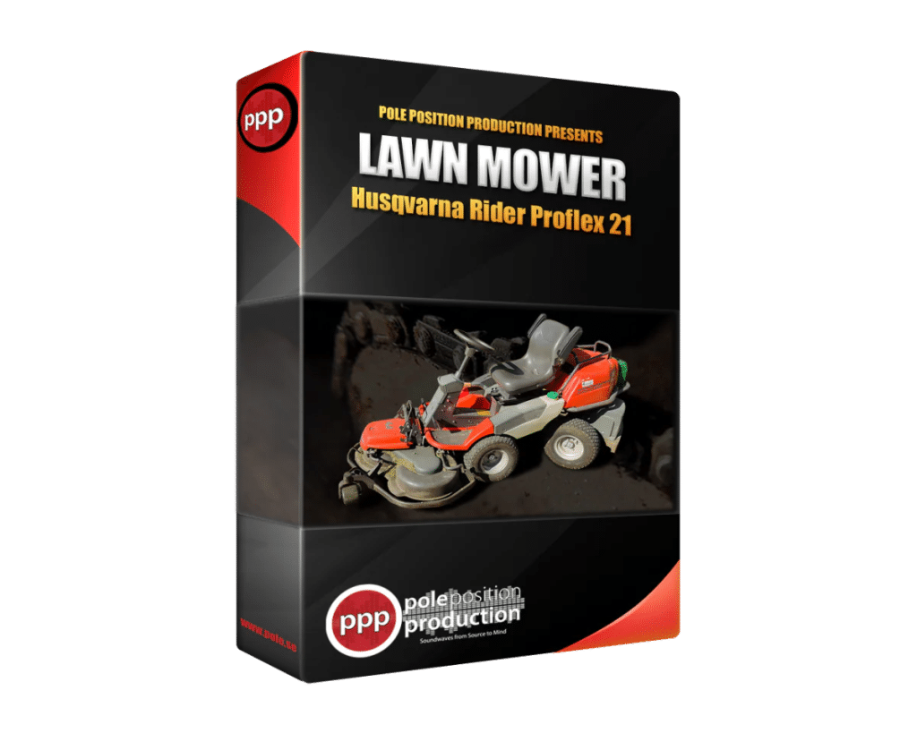 A product box shows a Husqvarna Rider Proflex 21 used for riding lawn mower sound effects library on Sonniss by Pole Position.